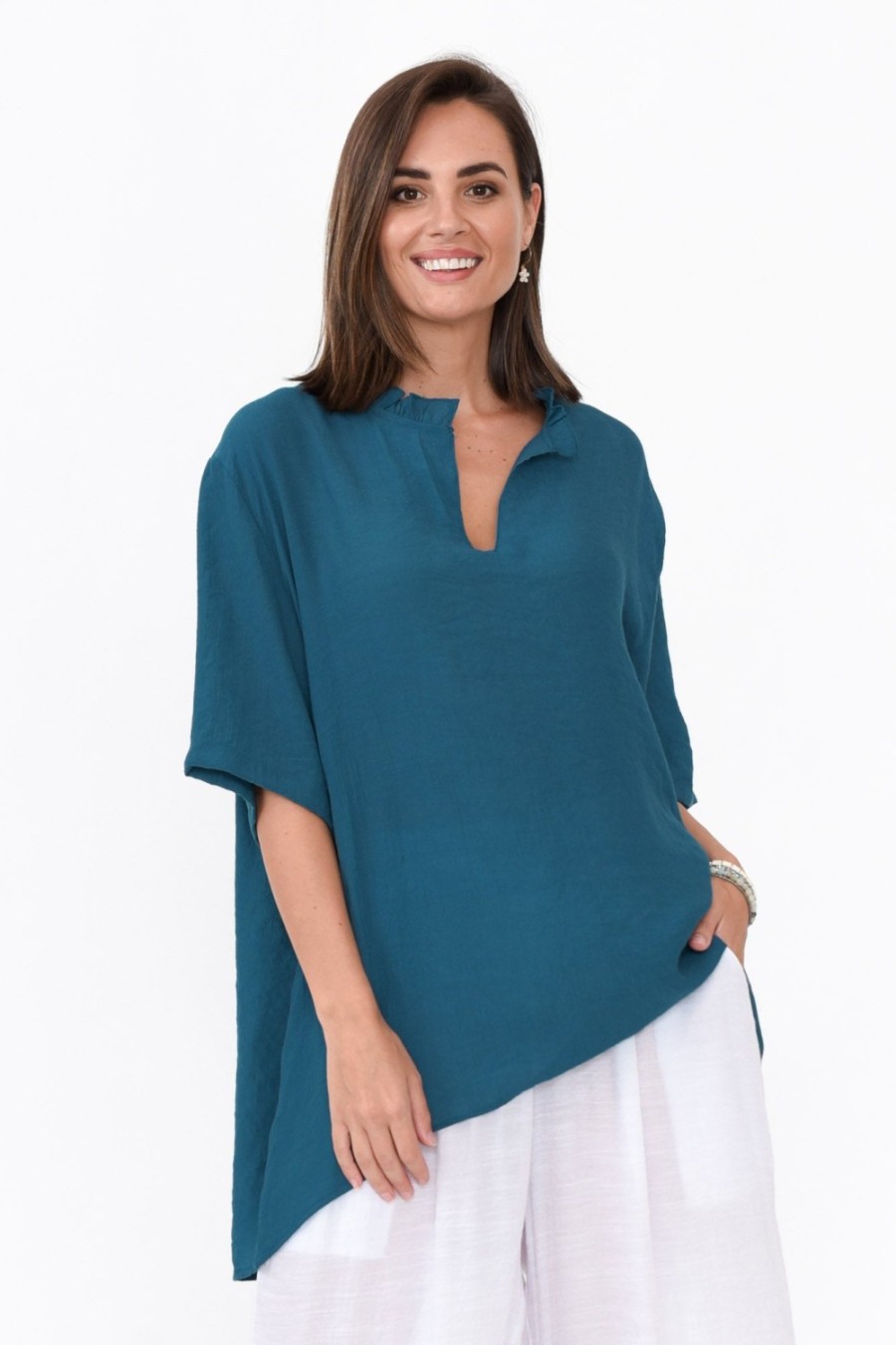 Clothing Cotton Village Cotton Tops | Gideon Teal Cotton Frill Top