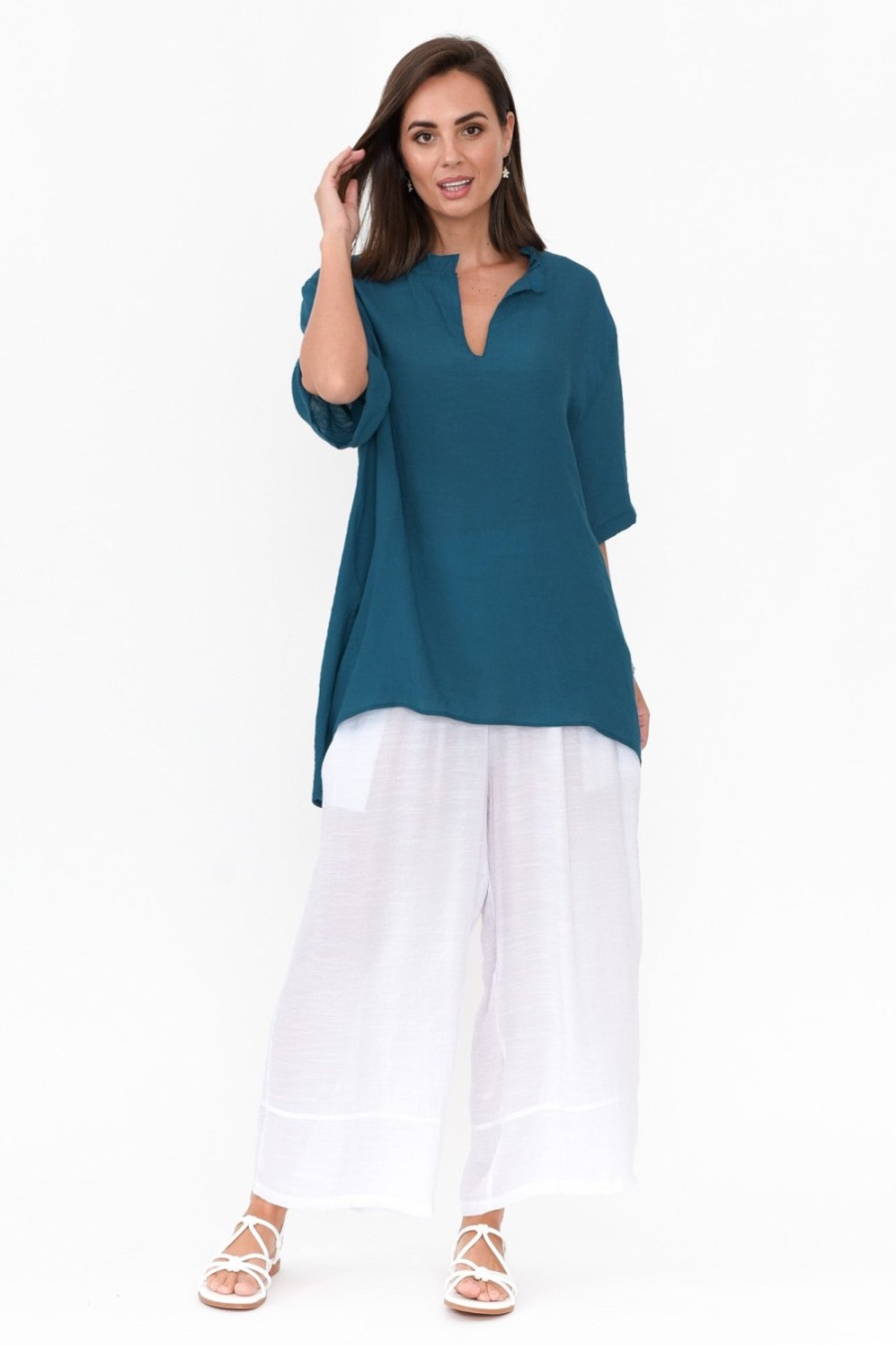 Clothing Cotton Village Cotton Tops | Gideon Teal Cotton Frill Top