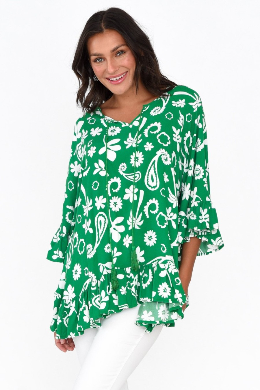 Clothing New U Collection Sleeved Tops | Chase Green Garden Tassel Ruffle Top