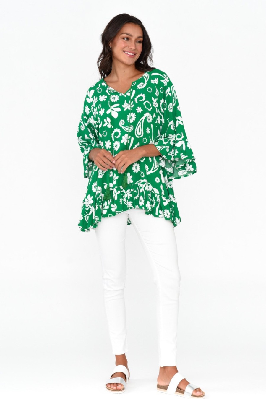 Clothing New U Collection Sleeved Tops | Chase Green Garden Tassel Ruffle Top