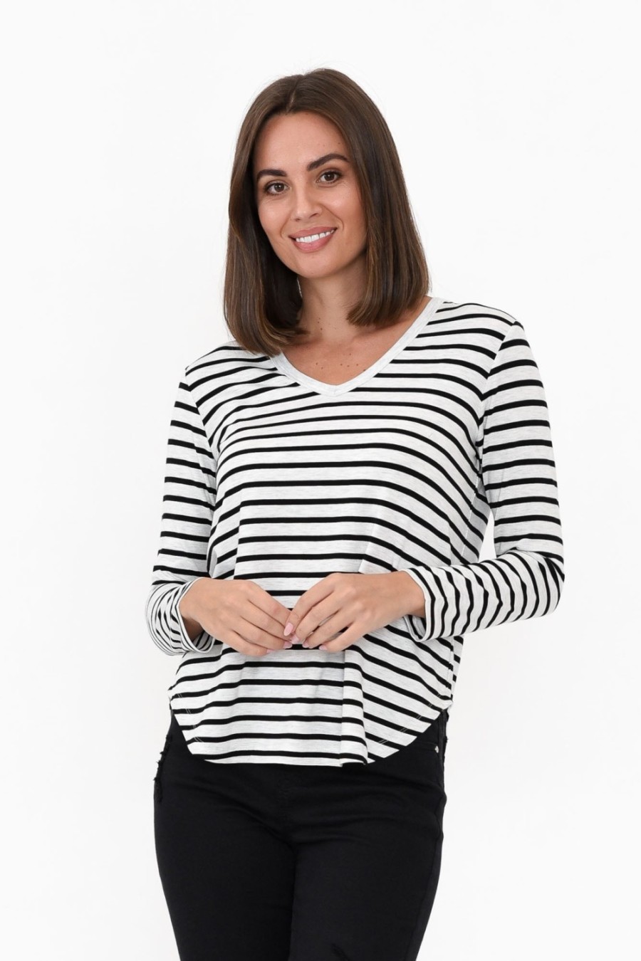 Clothing Lou Lou Sleeved Tops | Sia Grey Stripe Bamboo V Neck Top