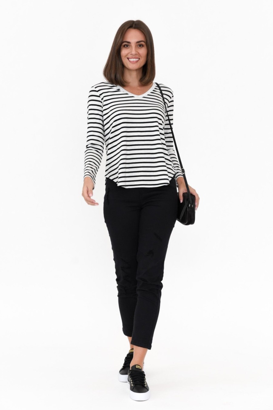 Clothing Lou Lou Sleeved Tops | Sia Grey Stripe Bamboo V Neck Top