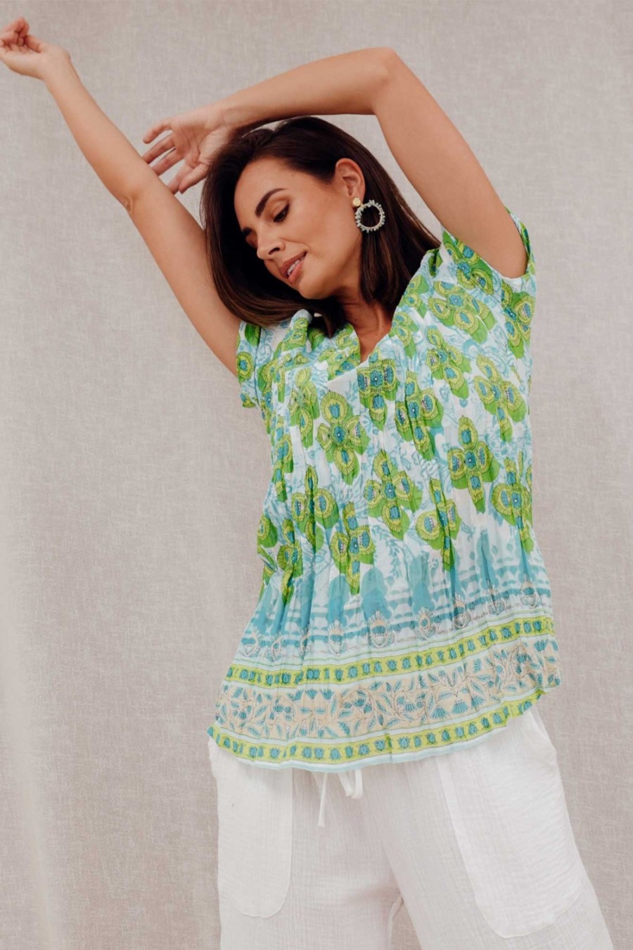 Clothing One Summer Cotton Tops | Fia Green Geo Cotton Top