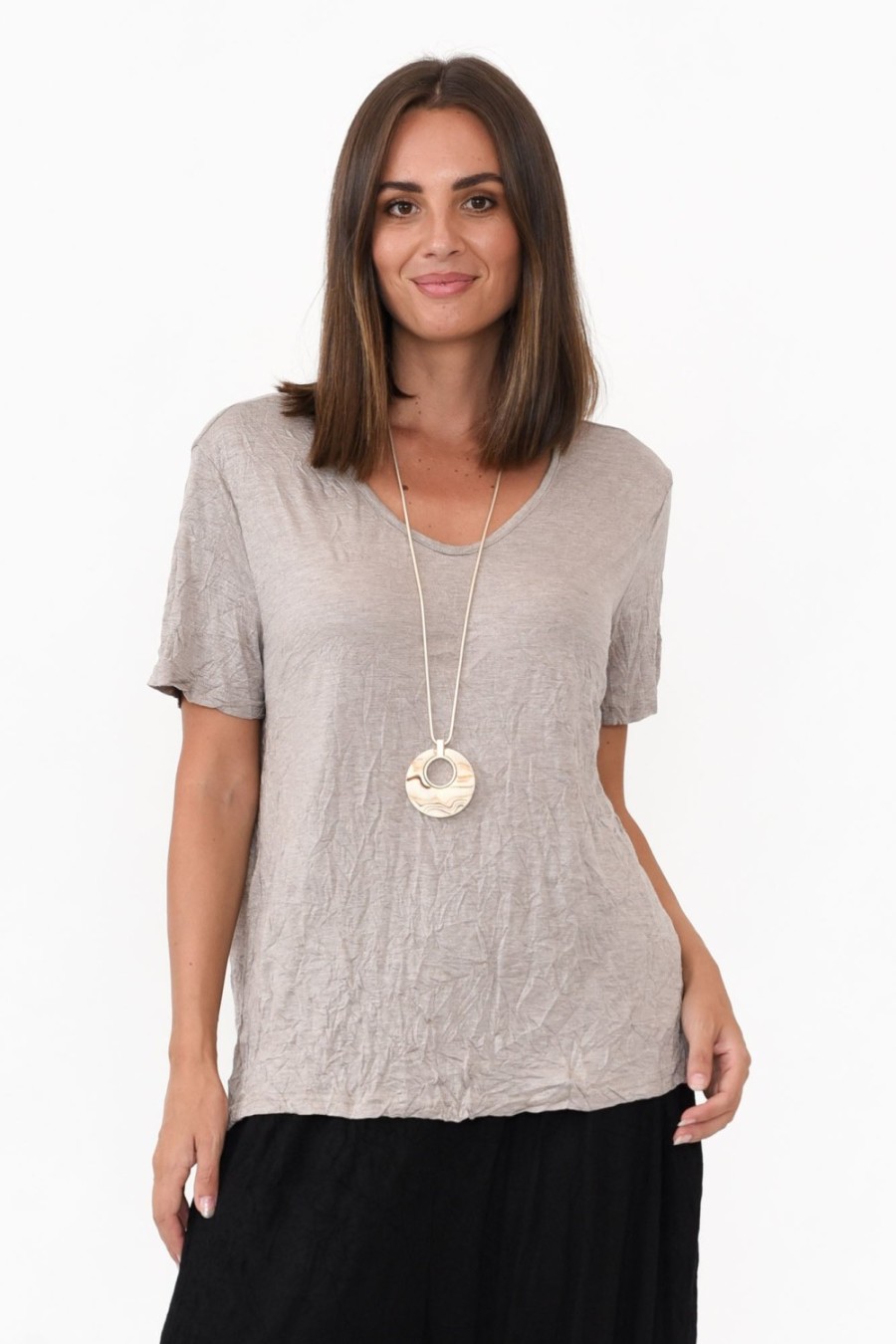 Clothing Cotton Village Cotton Tops | Marley Oat Crinkle Cotton Short Sleeve Top