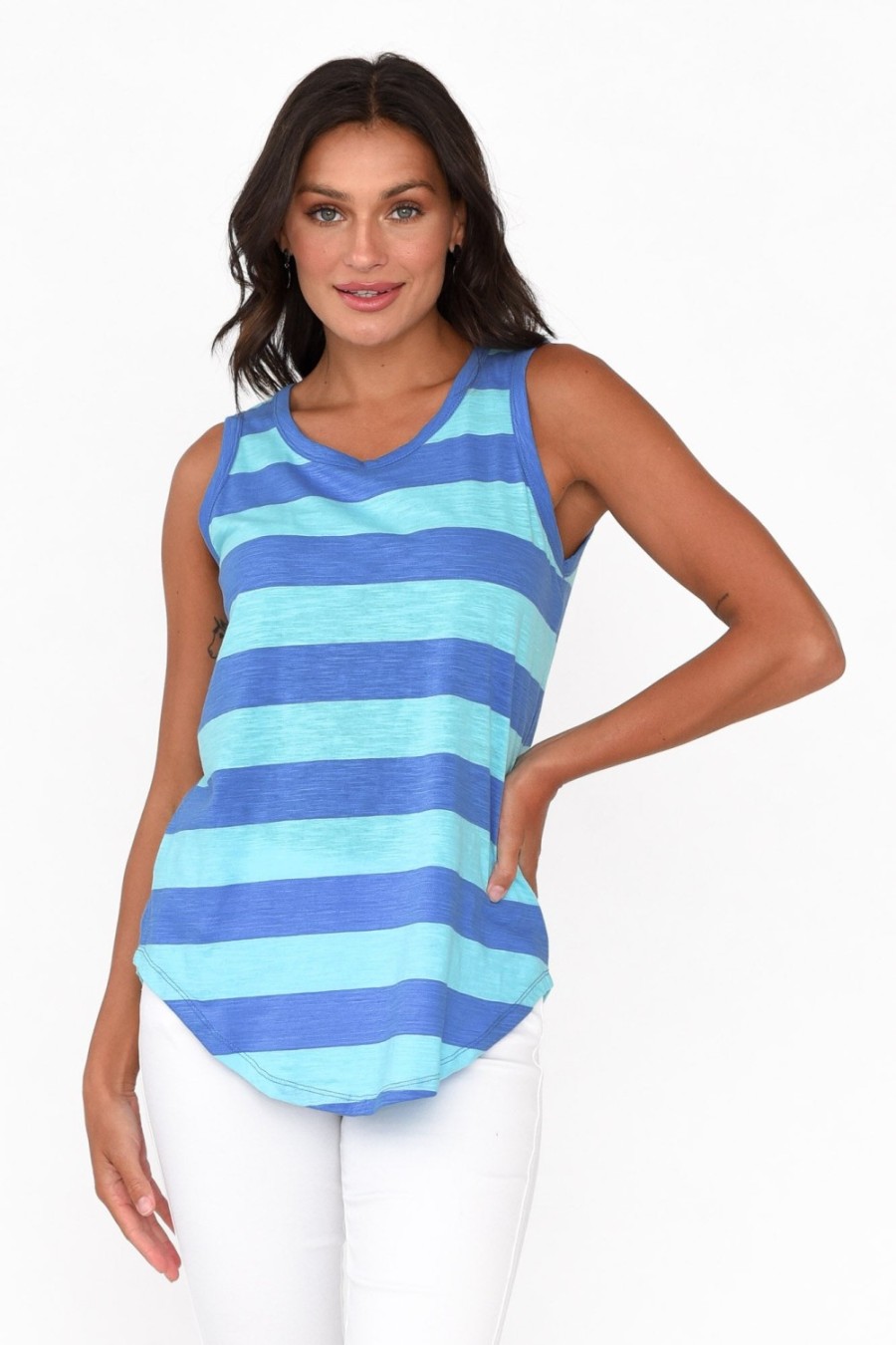 Clothing Betty Basics Cotton Tops | Keira Aqua Stripe Cotton Tank